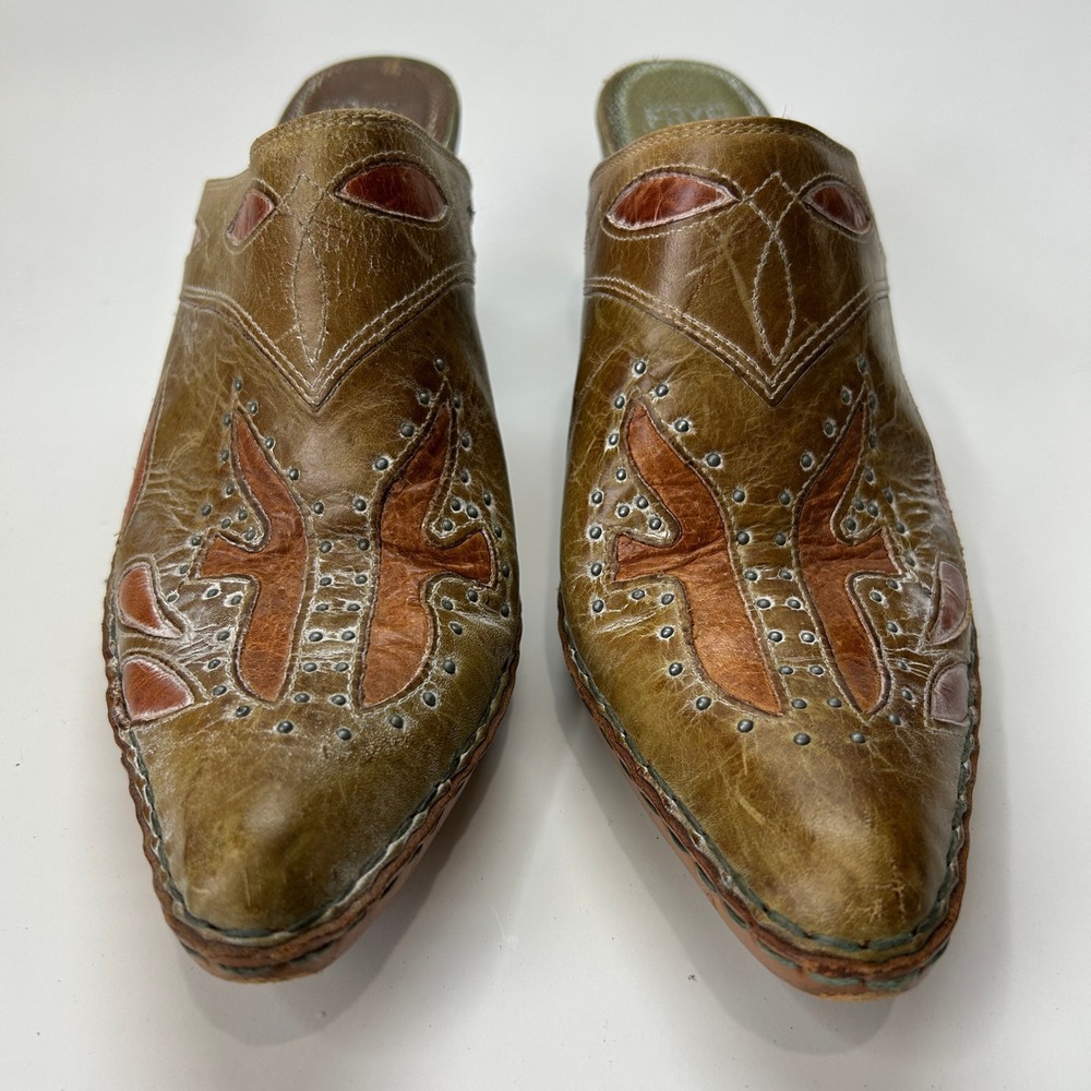 Frye Vintage Western Leather Mules Studded Pointed Toe Clogs Olive Tan 10M F403 - Picture 11 of 11